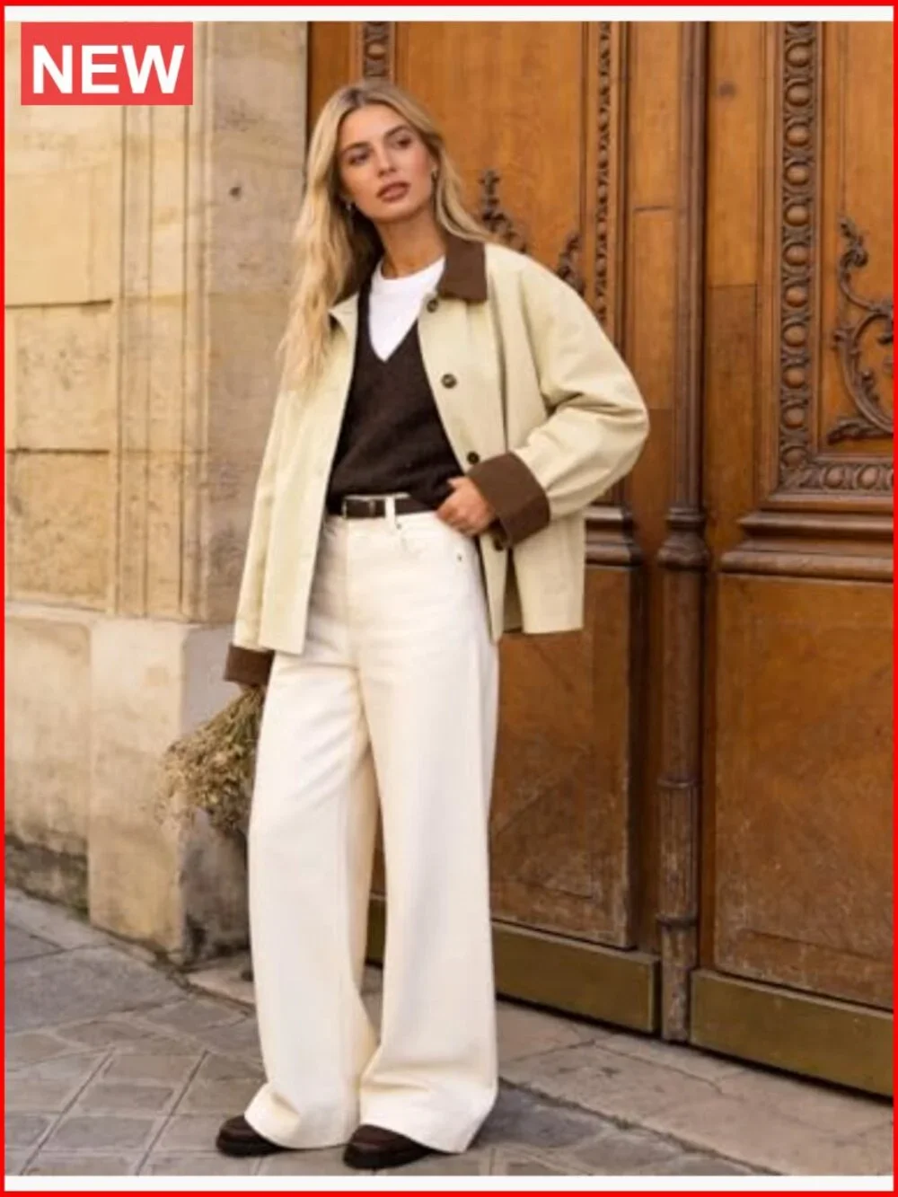 Cropped Trench Coat with Contrast Collar and Corduroy Splicing, Lightweight - Picture 4 of 7